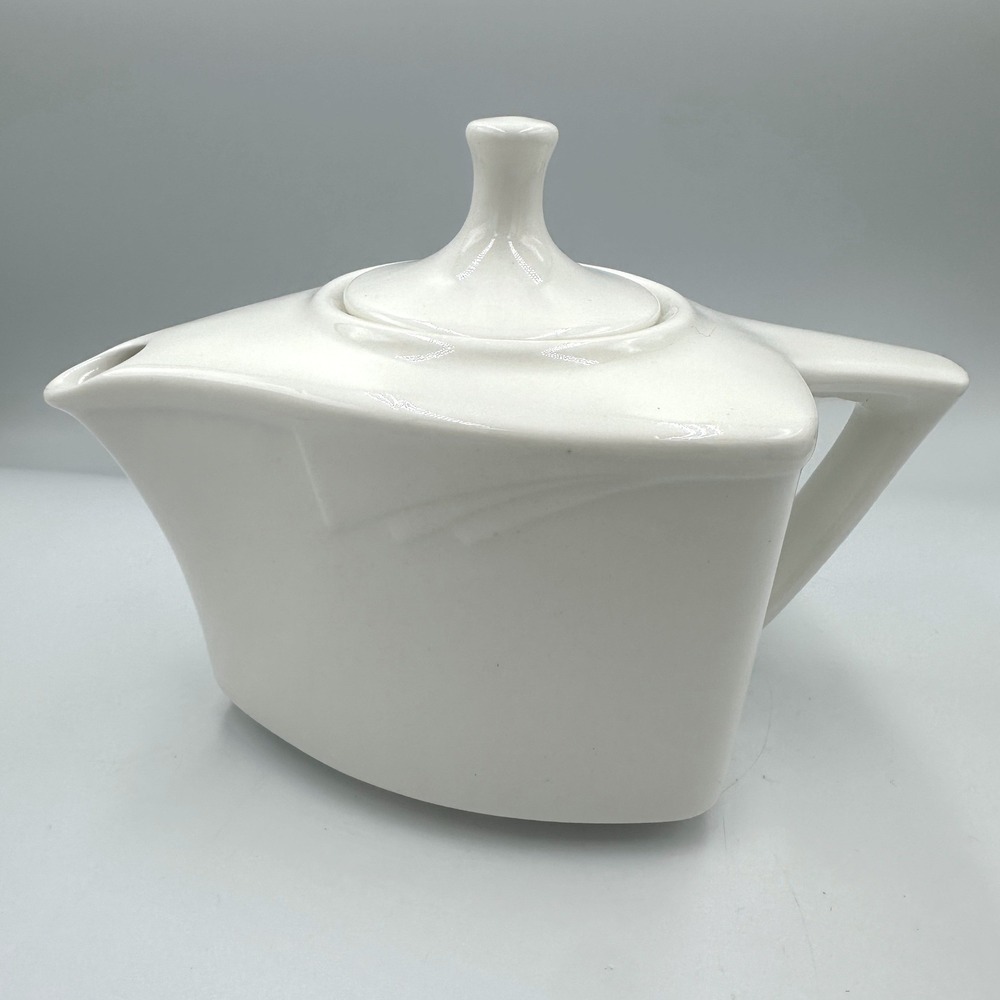 Homer Laughlin Milford MCM White Art Deco Geometric Teapot USA Made Lead Free